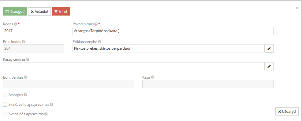 Tarpinės kor sąskaitos kūrimas sąskaitų plane