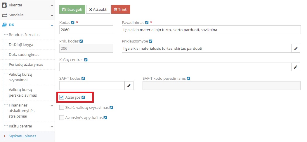 Sąskaitų plano 2060 tarpinės sąskaitos nustatymas