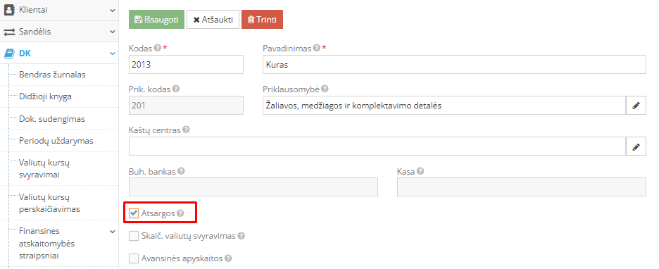 Sąskaitų plano peržiūra medžiagų sąskaitai