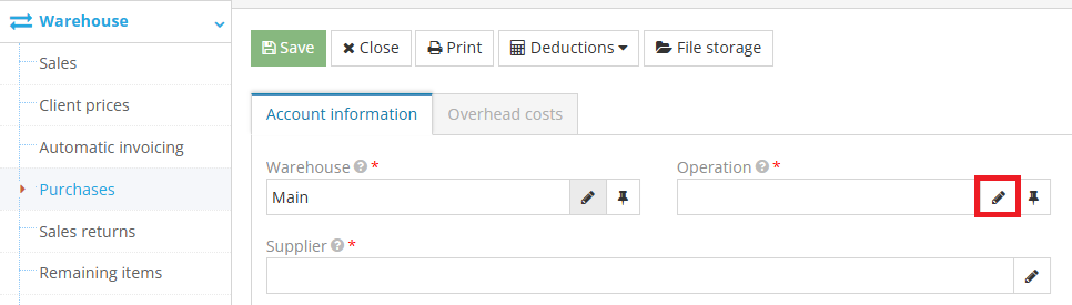 Selecting the operation type for the purchase