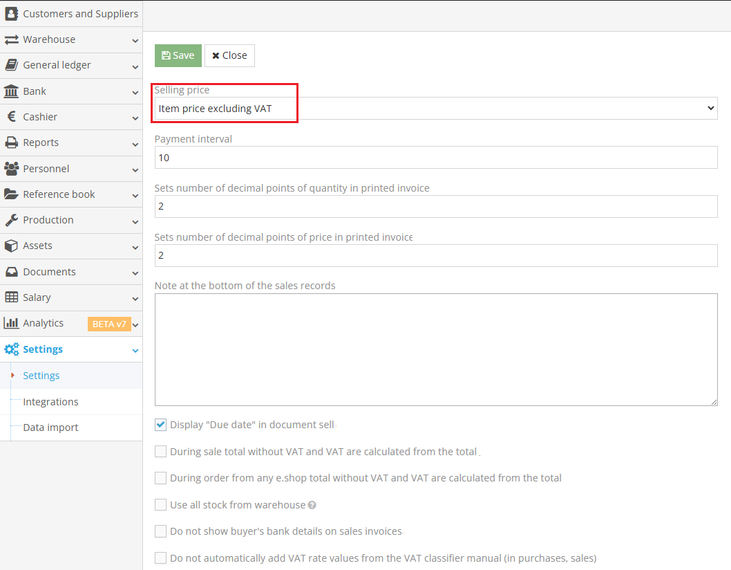 Product selling price selection screen in settings