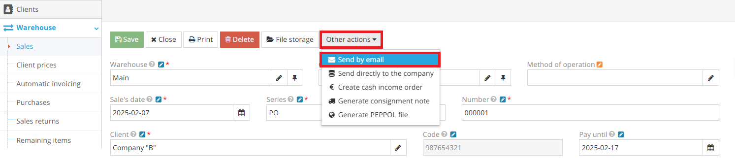 Sending invoice by email in warehouse sales