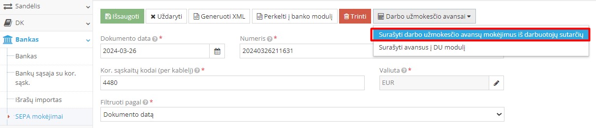Darbo užmokesčio avansų mokėjimų surašymas SEPA faile