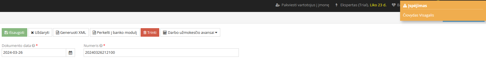Įspėjimo pranešimas dėl užrakinto DU įrašo