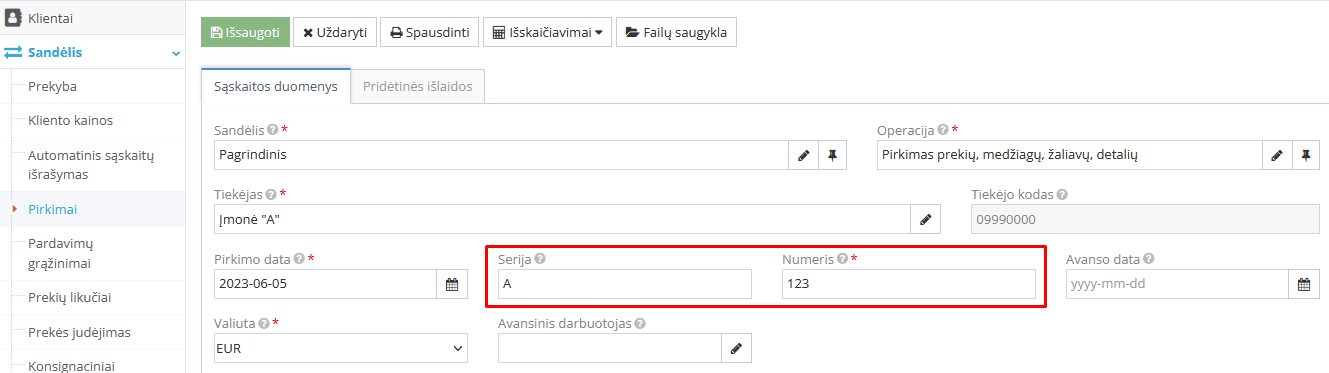 Dokumento serijos ir numerio įvedimo laukas