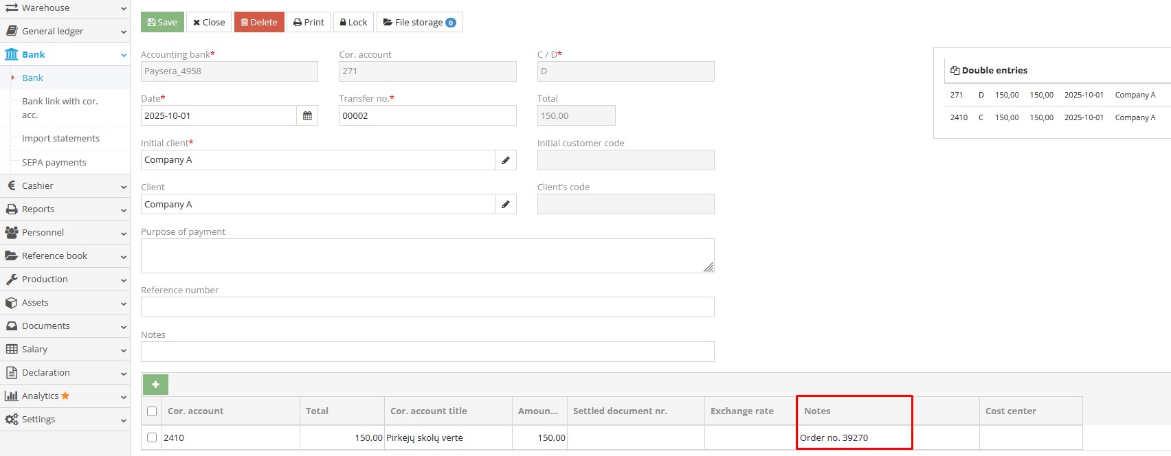 Bank entry with order number for settlement