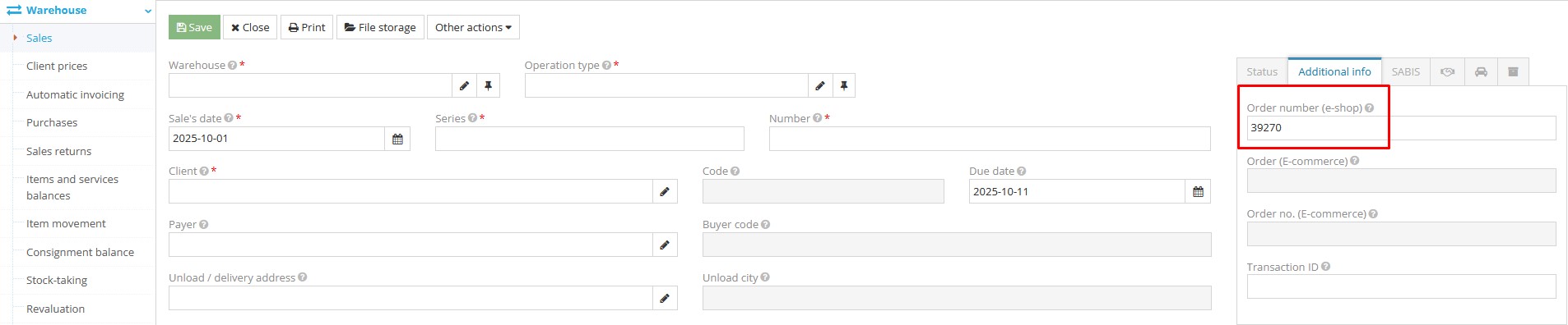 Order number field in sales document for settlement