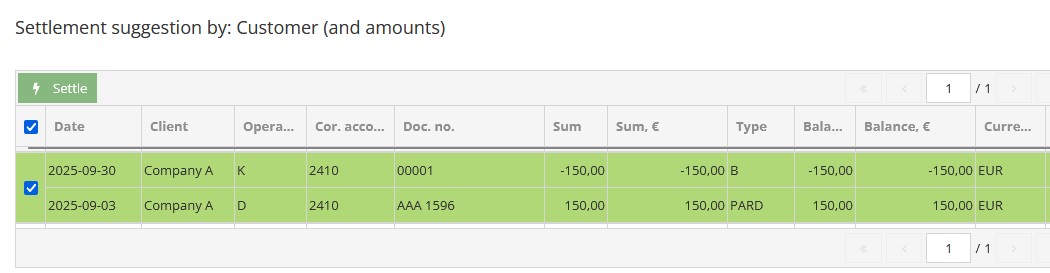 Settlement suggestion section with selected entries
