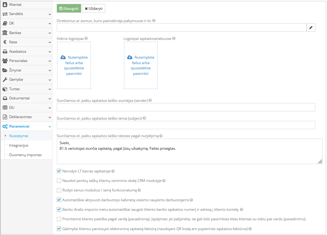 Sistemos nustatymų langas su logotipo įkėlimo galimybe