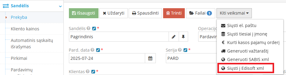 Siuntimo į Edisoft XML veiksmo pasirinkimas
