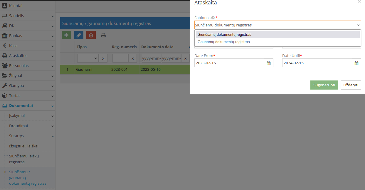 Siunčiamų ir gaunamų dokumentų registravimo langas