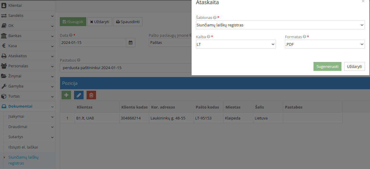 Siunčiamų laiškų registro spausdinimo langas