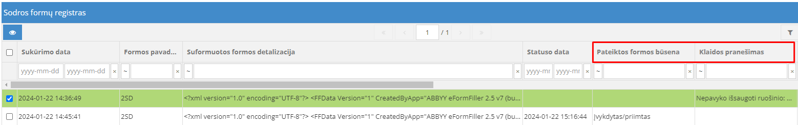 Pateiktos formos būsena ir klaidų pranešimai Sodros registre