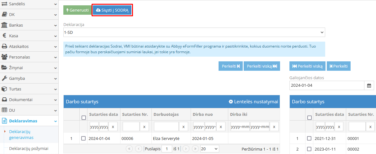 Deklaracijos generavimo langas su pasirinkta forma