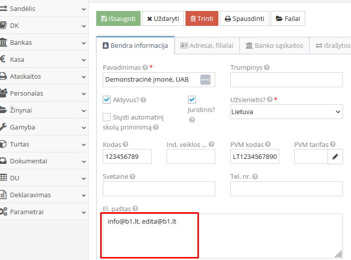 Įmonės kortelės duomenų langas su el. pašto adresais