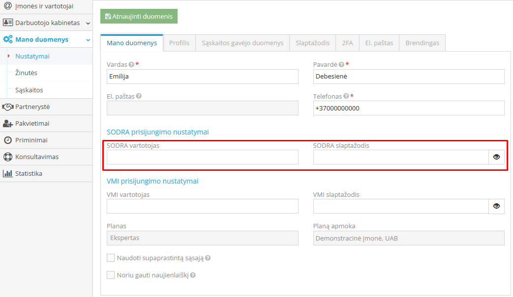 Sodros prisijungimo nustatymų langas įmonės paskyroje
