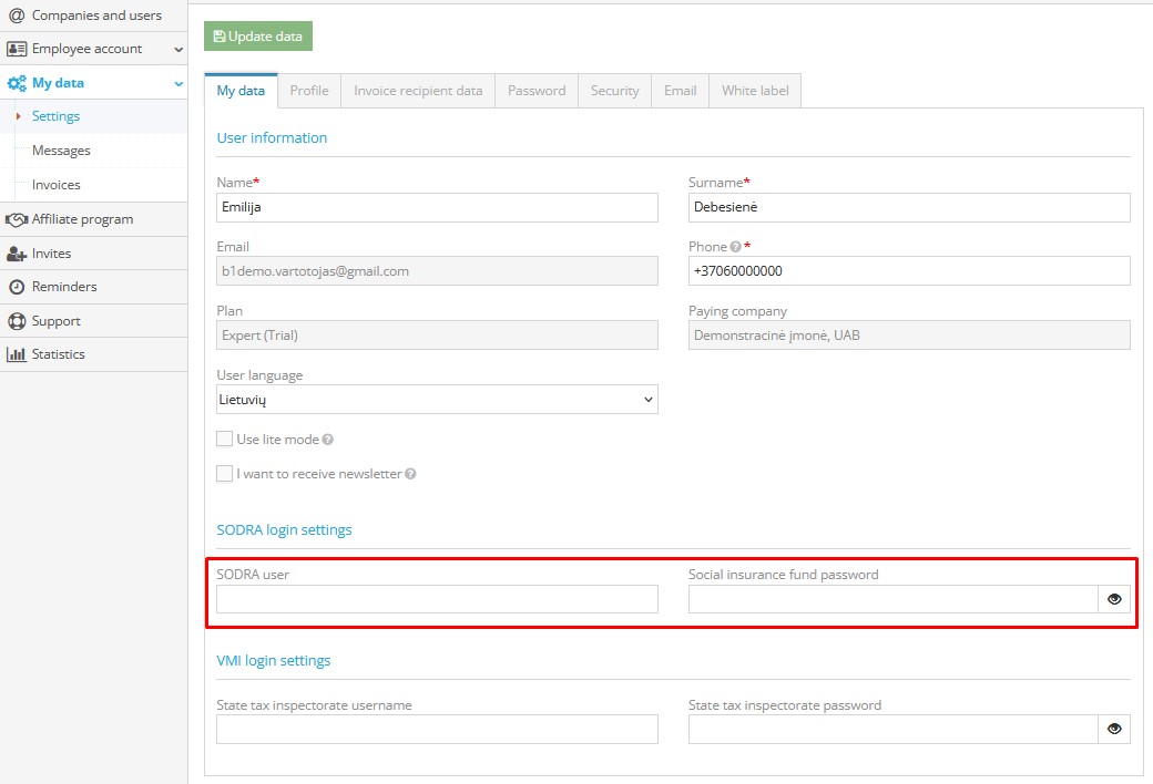 Sodra login credentials setup screen