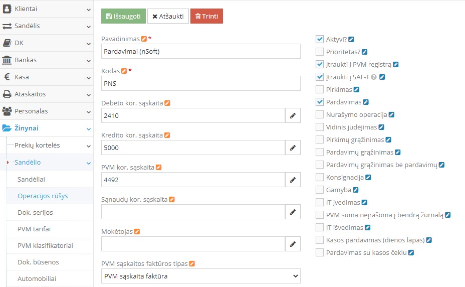Pardavimo operacijos rūšies pavyzdys nSoft integracijoje