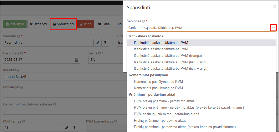 Spausdinimo mygtuko paspaudimas ir šablono pasirinkimas