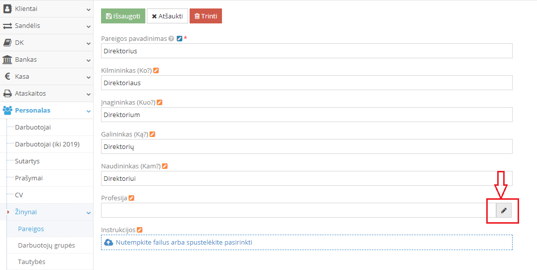 Specialybės kodo pasirinkimas pareigoms