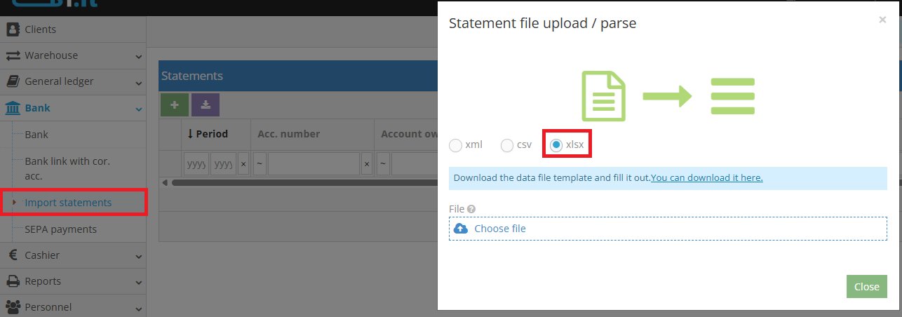 Uploading prepared bank statement file