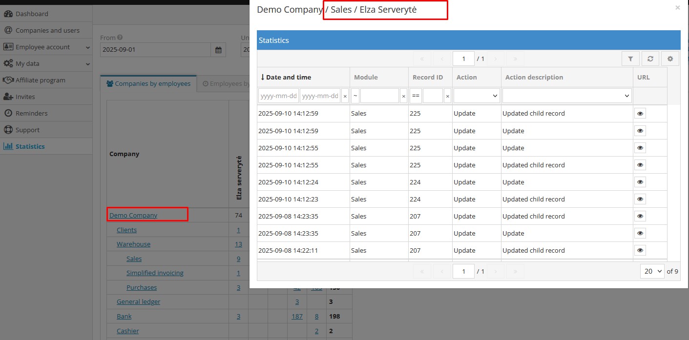 Table with user actions, dates, and times