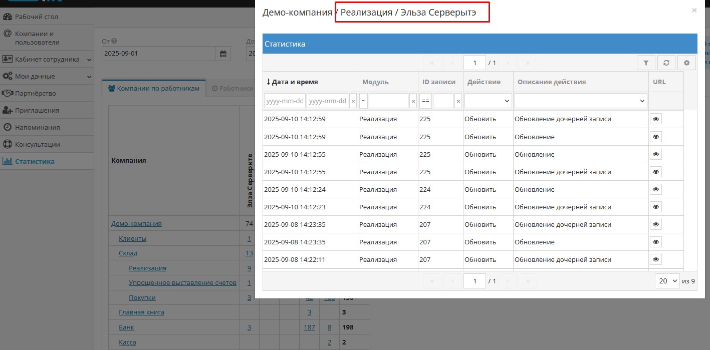 Пример подробной статистики действий пользователя в модуле
