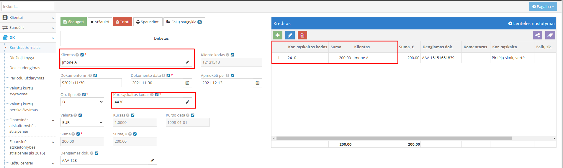 Sudengimo įrašo pavyzdys buhalterijoje