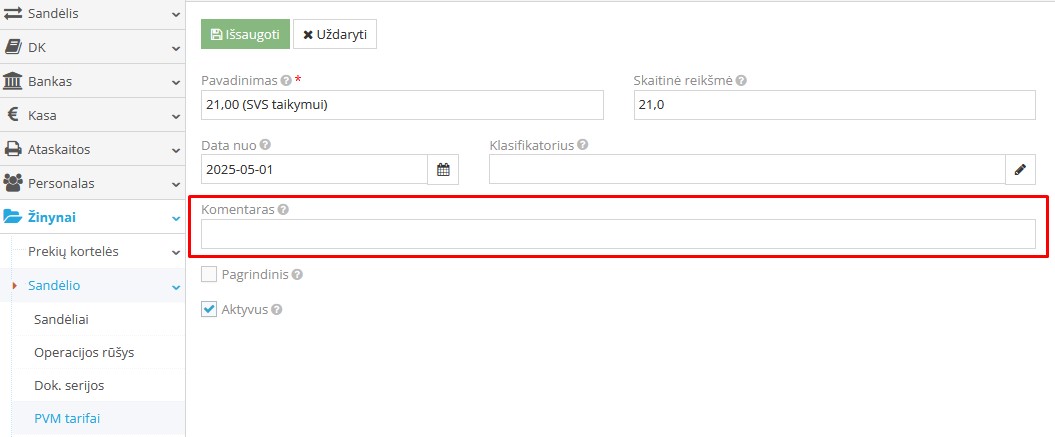PVM tarifo nustatymo langas SVS schemai