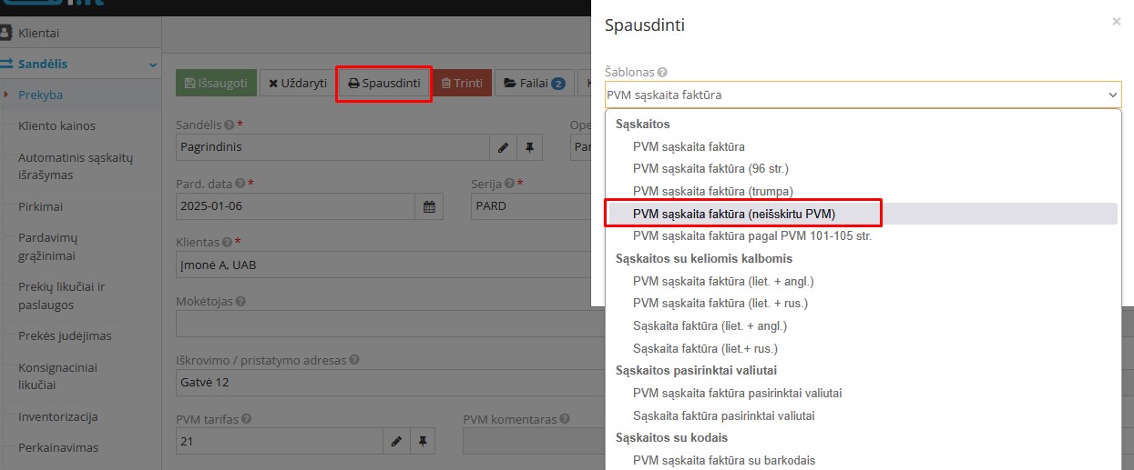 PVM sąskaitos faktūros šablono pasirinkimo langas