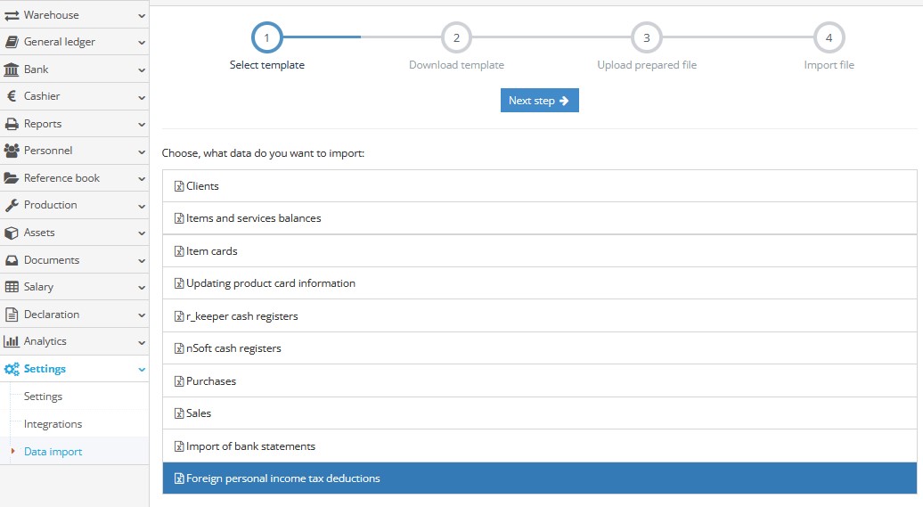 Foreign personal income tax deductions settings window