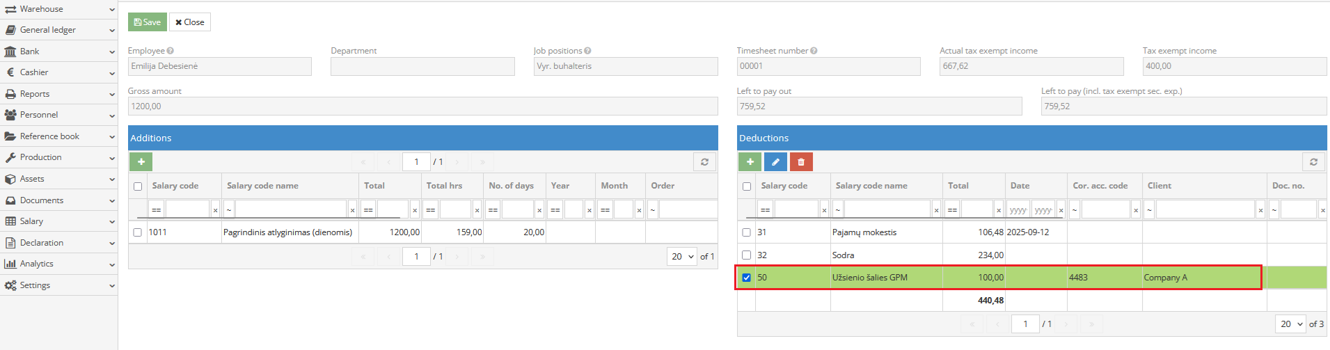 Foreign tax deduction entry in payroll module