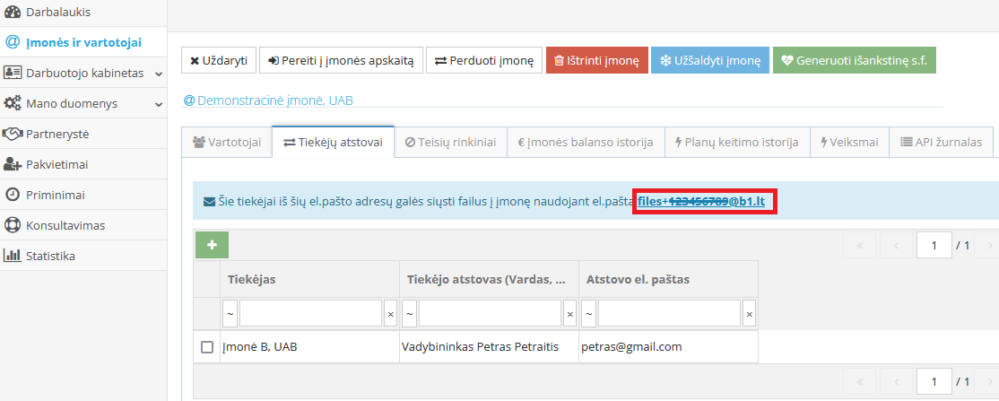 Tiekėjų atstovams skirtas el. pašto adresas