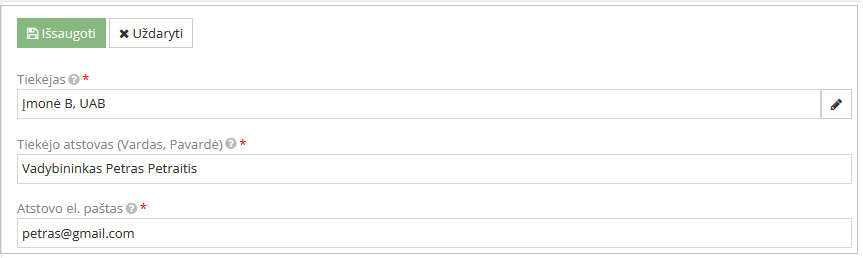 Tiekėjų atstovų pridėjimo langas