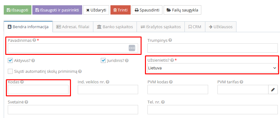 Tiekėjo informacijos užpildymo langas