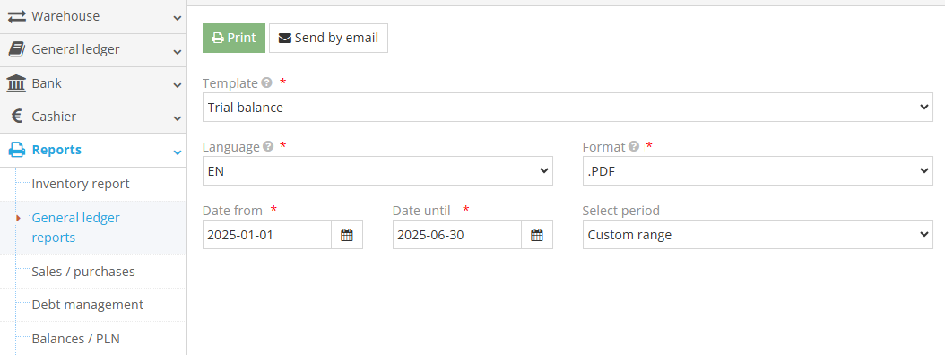 Trial Balance report template selection screen