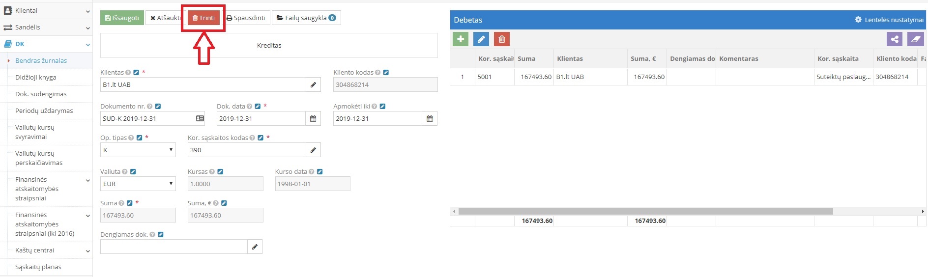 Įrašo trynimo mygtuko pasirinkimas dokumente