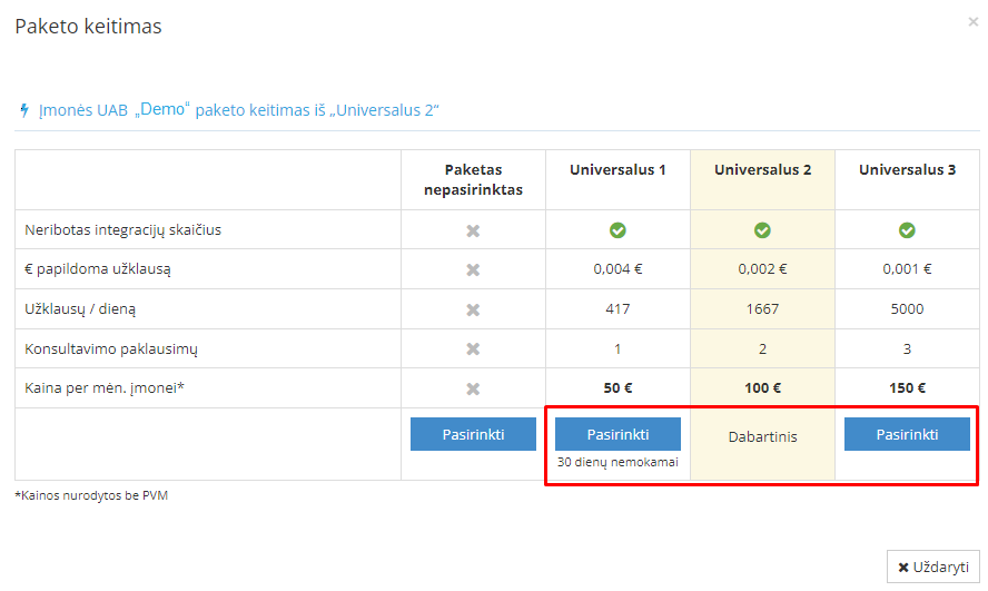 Universalūs paketų pasirinkimo variantai