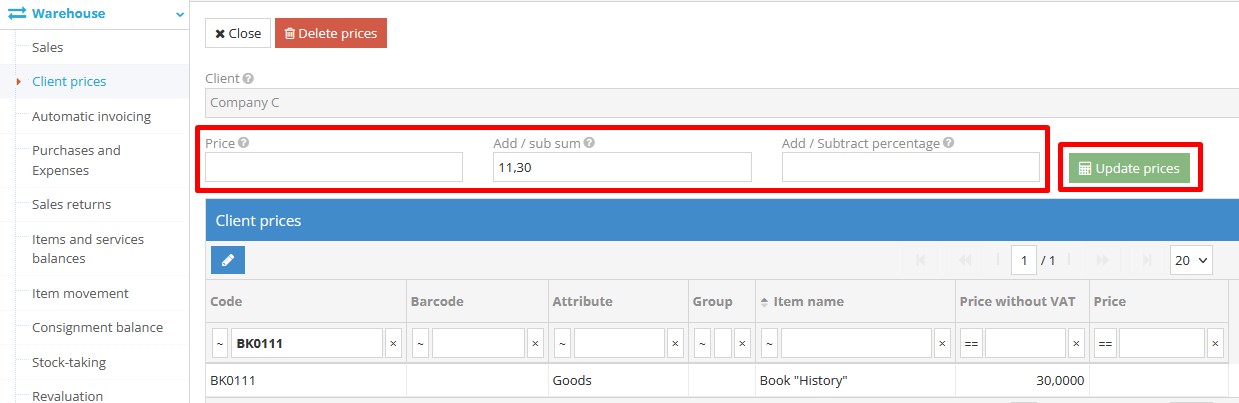 Applying updated price for selected client products