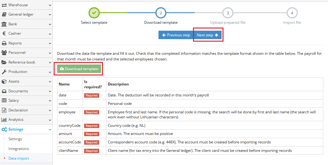 Uploading template for foreign tax deductions import