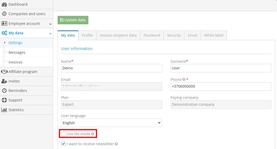 Enabling lite mode for invoices in account settings