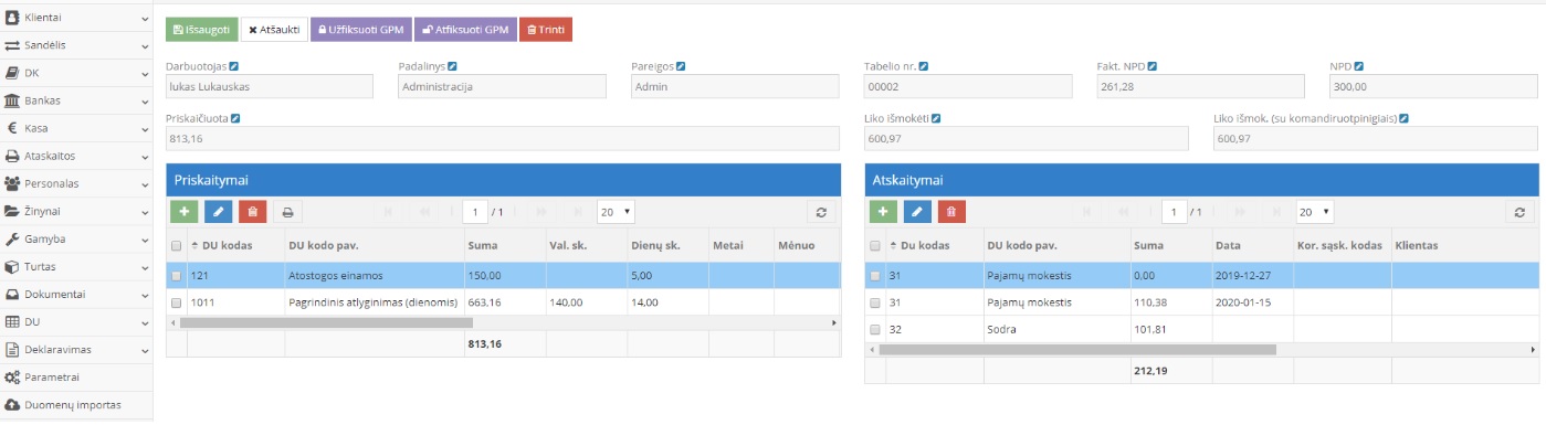 GPM užfiksavimo ir atostoginių išmokėjimo pavyzdys