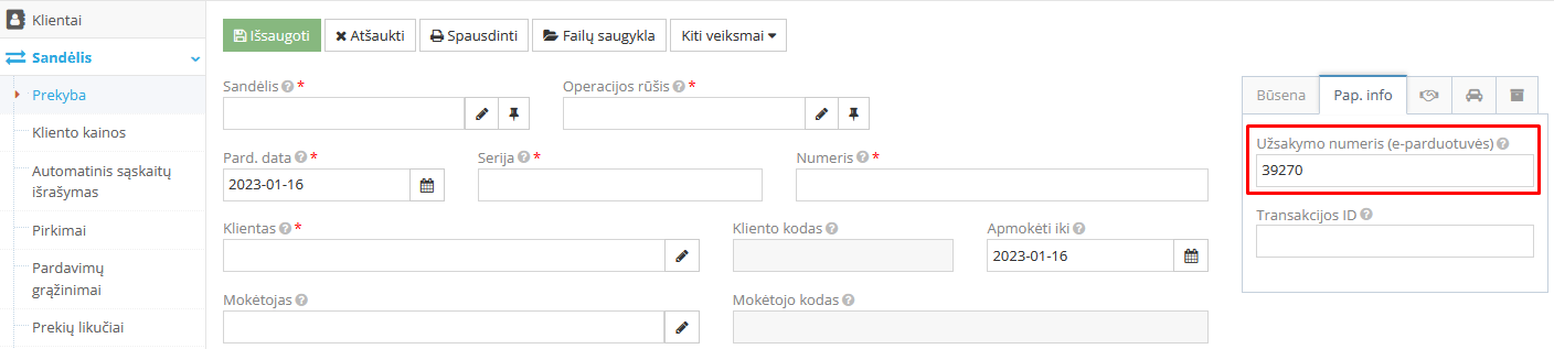 Užsakymo numerio laukas pardavimo dokumente