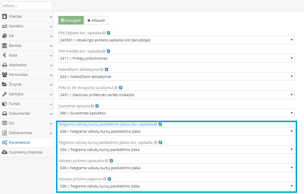 Valiutų kursų pasikeitimo įtakos nustatymai buhalterijoje