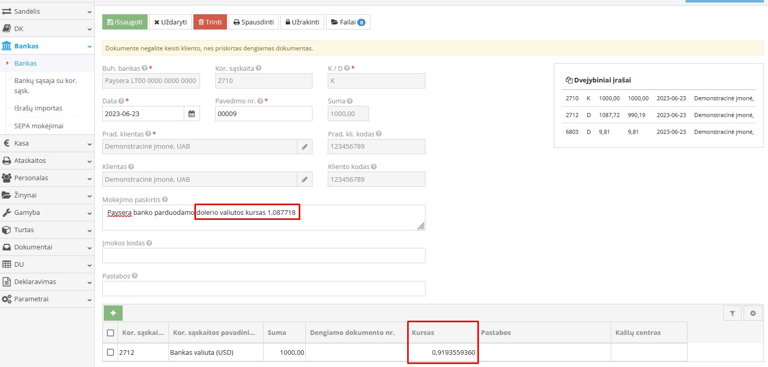 Valiutos pirkimo įrašo pavyzdys banke