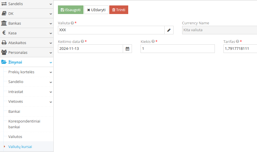 Rankinis valiutos kurso įvedimo langas