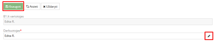 Darbuotojo pasirinkimo ir išsaugojimo langas