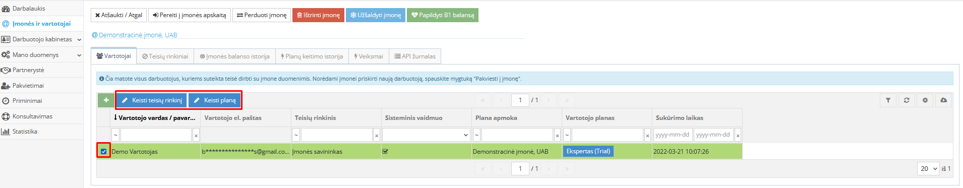 Vartotojų sąrašo langas