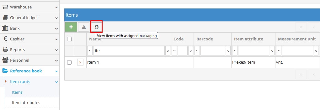 View list of products with assigned packaging filter