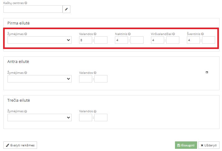 Valandų skaičiaus registravimas be žymėjimo lauko